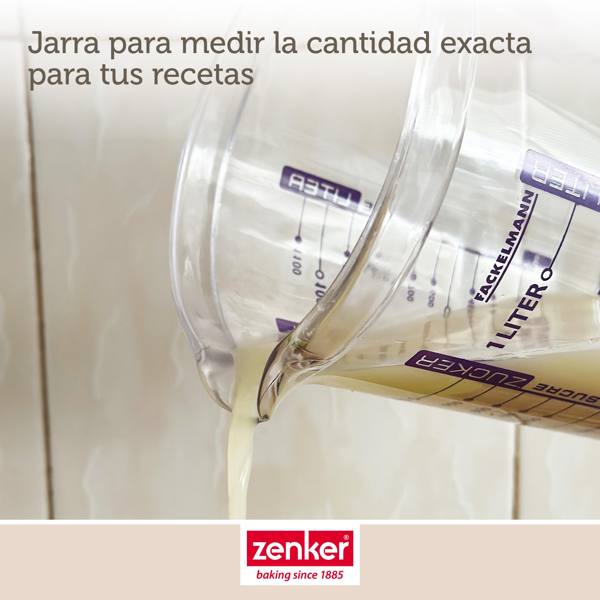 Fackelmann Jarra Medidora de Cocina, 1 litro de capacidad, con escala para medir líquidos, azúcar y harina, Plástico SAN Transparente. Medidas 17,5x12,5x16,5 cm, 1 ud