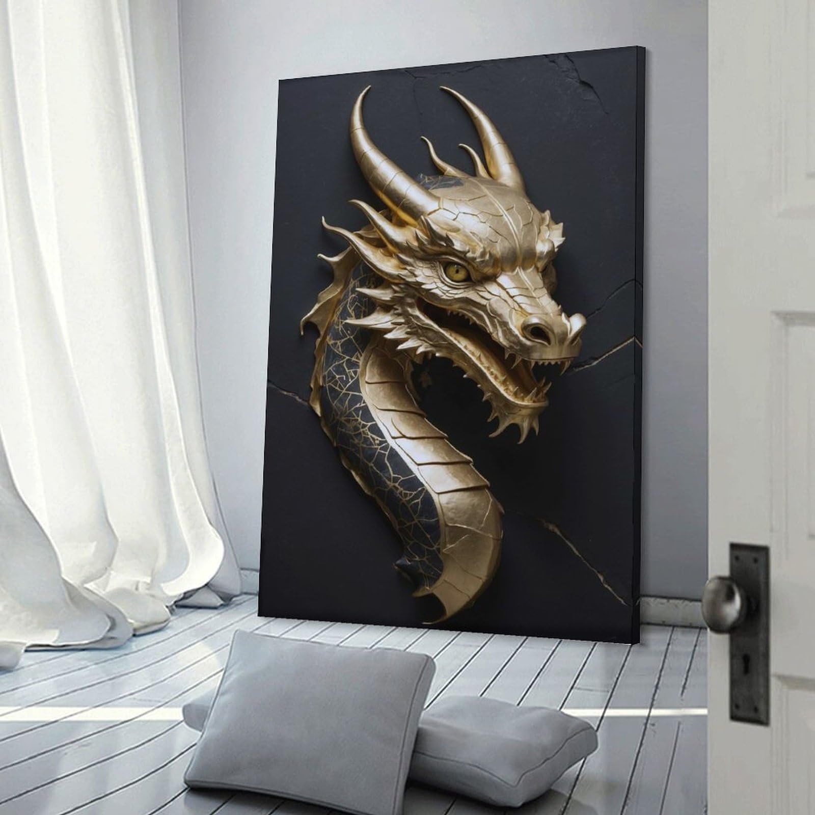 Junmoney Frame-Style-6 Canvas Art Print Golden Dragon Head Sculpture On Dark Background, 24X36inch(60X90cm), For Office, Study Or Home Workspace, Home Office Artwork With Decorative Appeal