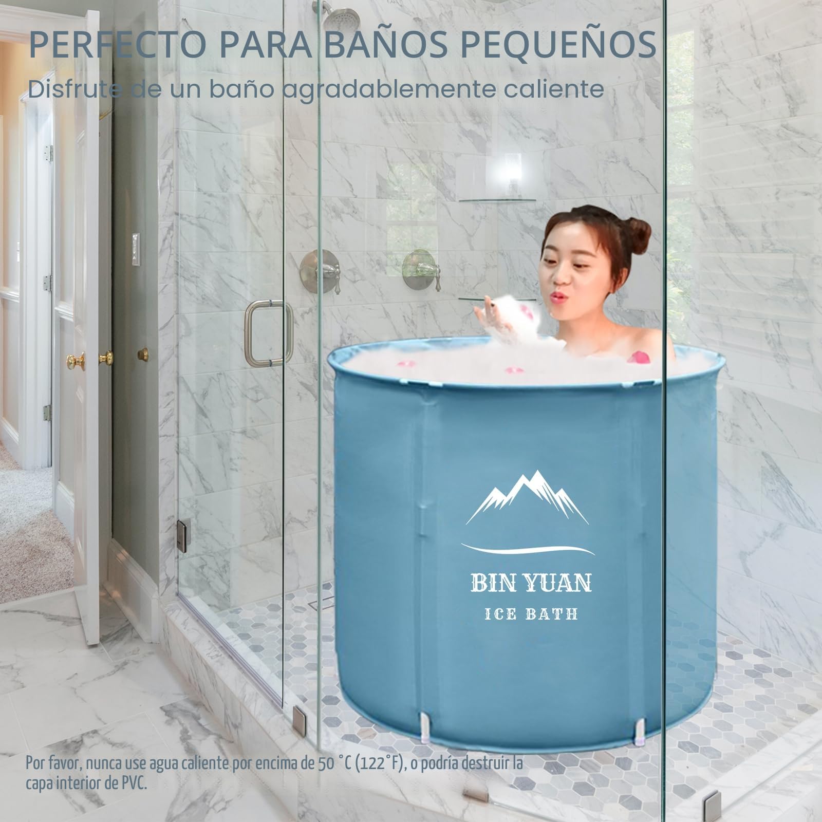 Bañera de hielo plegable, bañera de inmersión fría para adultos con estructura en forma de T actualizada, bañera de hidromasaje independiente para exteriores (Azul, ∅70x68cm)