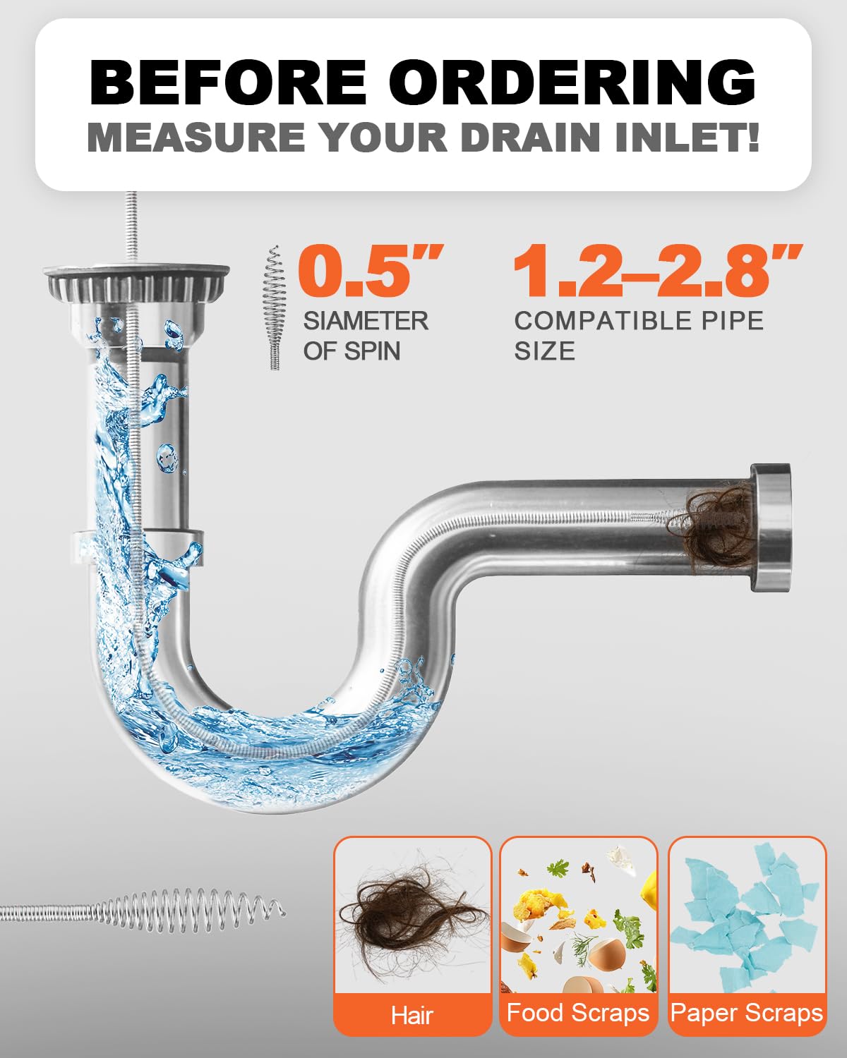 Cable Desatascador de Tuberías de 33 Pies (10M) con Avance Automático y Adaptador para Taladro - Desatascador Profesional Manual/Eléctrico para Fregadero, Bañera, Ducha e Inodoro