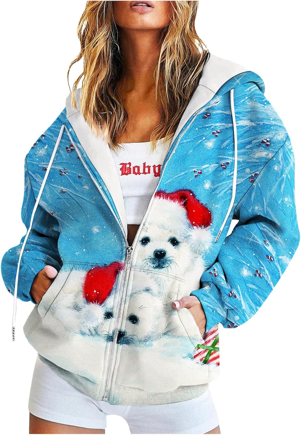 JJHAEVDY  Women's Drawstring Christmas Hoodies Zip Up Long Sleeve Loose Sweatshirts with Pocket : Sports & Outdoors