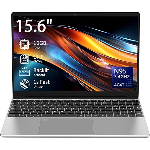 15.6" Laptop Computer Notebook, 16GB RAM, 1TB NVMe SSD, 4-Core N95 Processor, FHD Display, Backlit Keyboard, Fingerprint, Webcam, Bluetooth, WiFi, Win 11 Pro, 10TB Upgradeable; T152A, Silver