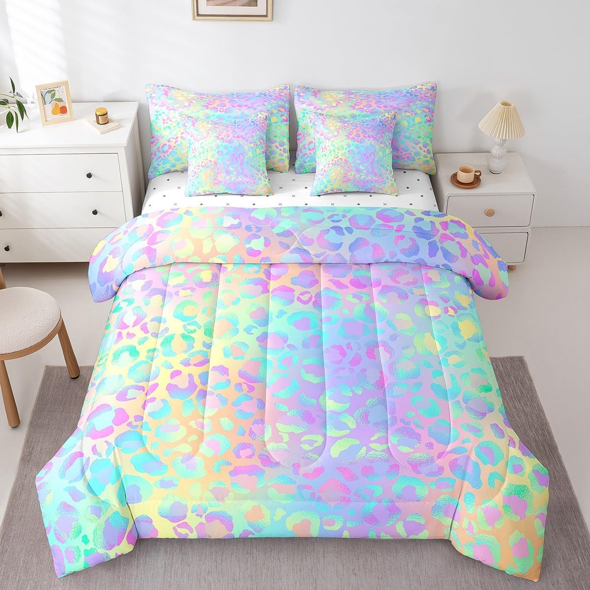Feelyou Women Leopard Printed Comforter Set Cheetah Printed Bedding Sets for Kids Girls Boys Full Size Modern Colorful Rainbow Bedroom Room Decor Lightweight Soft Bed in a Bag with 2 Pillowcases