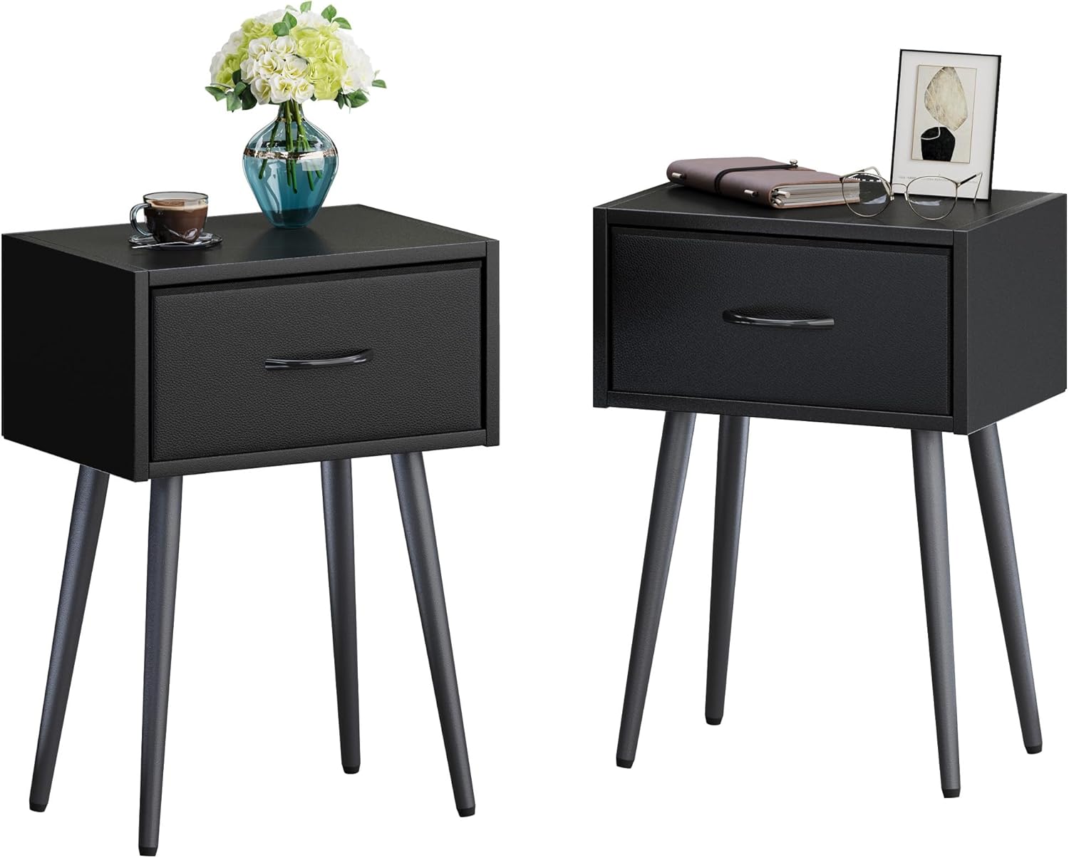 Small Black Nightstands Set of 2, Bedside Table with Fabric Drawer, Modern End Table with Metal Leg, Couch Side Table for Bedroom Living Room, Sofa, Office LNT504B