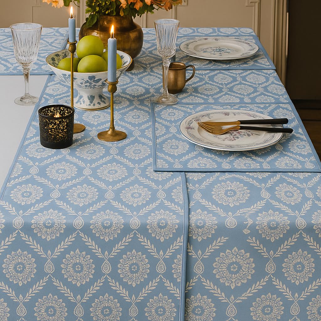 WWW.THROWPILLOW.IN Powder Blue Floral Boho Table Runner with Tassels & Kowri 13x72 Inches | Fits 5 Feet TV Unit Cabinet, Center Table, Coffee Table, Dining Table, Entry Console| Diwali Festive Decor 2