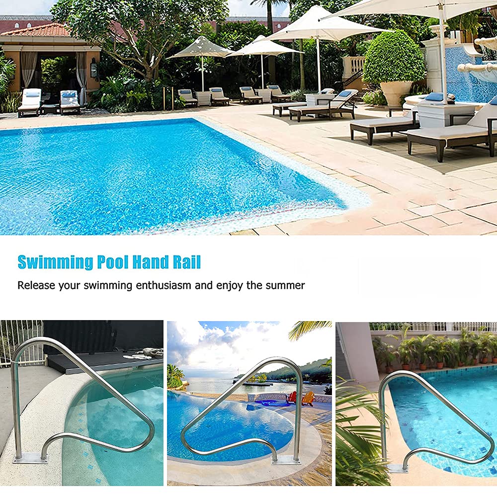 Generic Barandilla para piscina, Barandilla para piscina plateada de acero inoxidable 304, mango humanizado con placa inferior, fácil de instalar