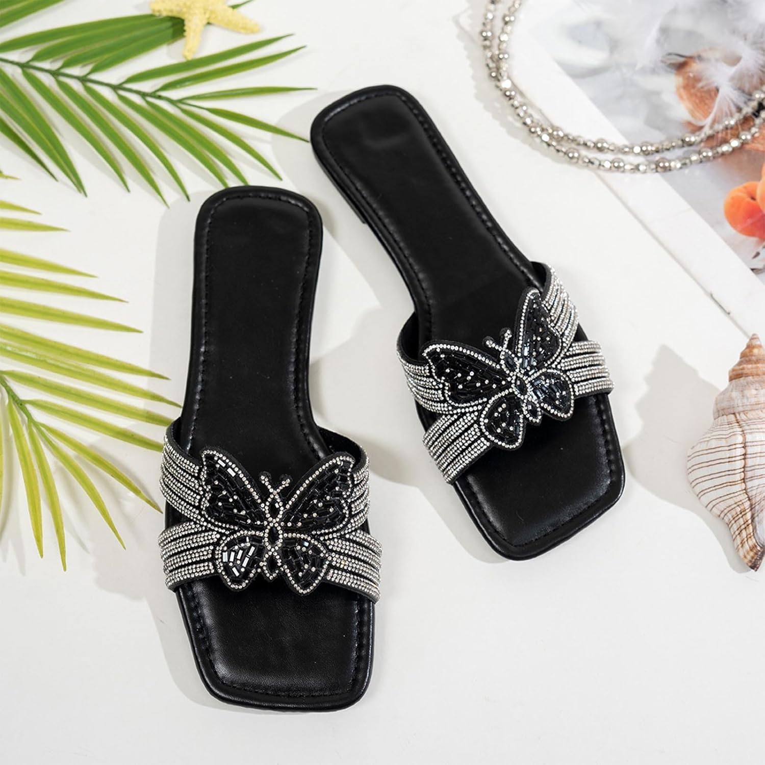 Women's Casual Summer Rhinestone Slippers Square Toe Design Outdoor Leisure Versatile Comfortable Embellished Footwear