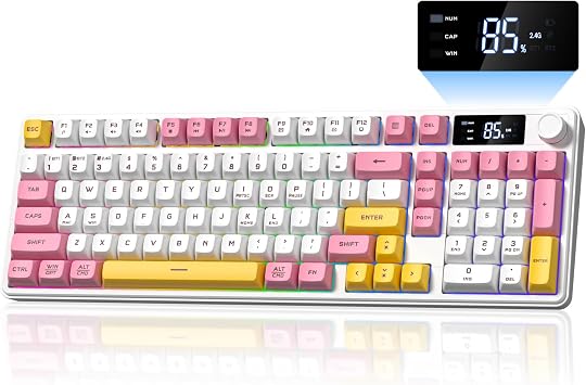 Keymatic Gaming Keyboard Wireless Creamy Keyboard with Media Knob & Screen White