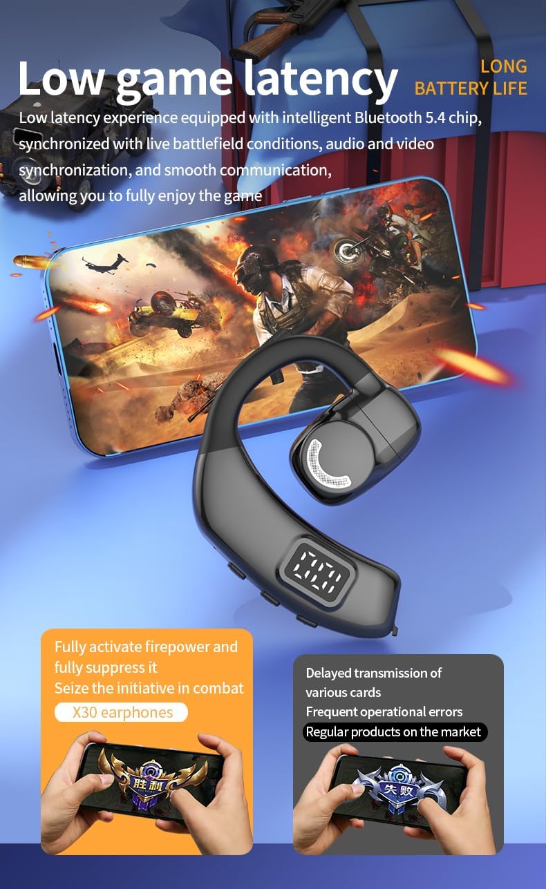 Single Bluetooth5.4 Phone Earpiece Earbud One Ear Piece 180° Left and Right Ears LED Display Open Ear Bud Air Conduction Earbuds Earless Out of Ear Headphones Wireless Headsets with Microphone Earhook