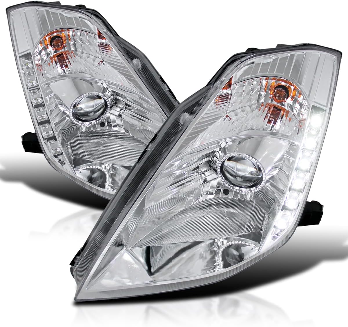 SMD LED Chrome Projector Headlights Compatible with 2003-2005 Nissan 350Z, Left + Right Pair Headlamps Assembly
