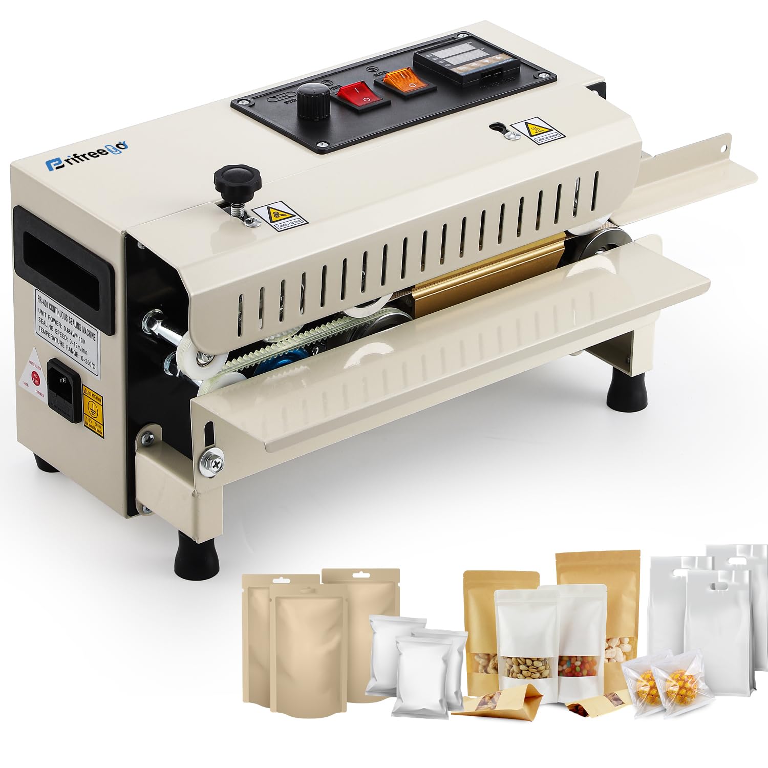 Commercial Heat Sealer Machine, Automatic Continuous Band Sealer, Temp&Speed Adjustable, Horizontal Bag Sealing Machine for Plastic Packing Bags, Desktop Beige