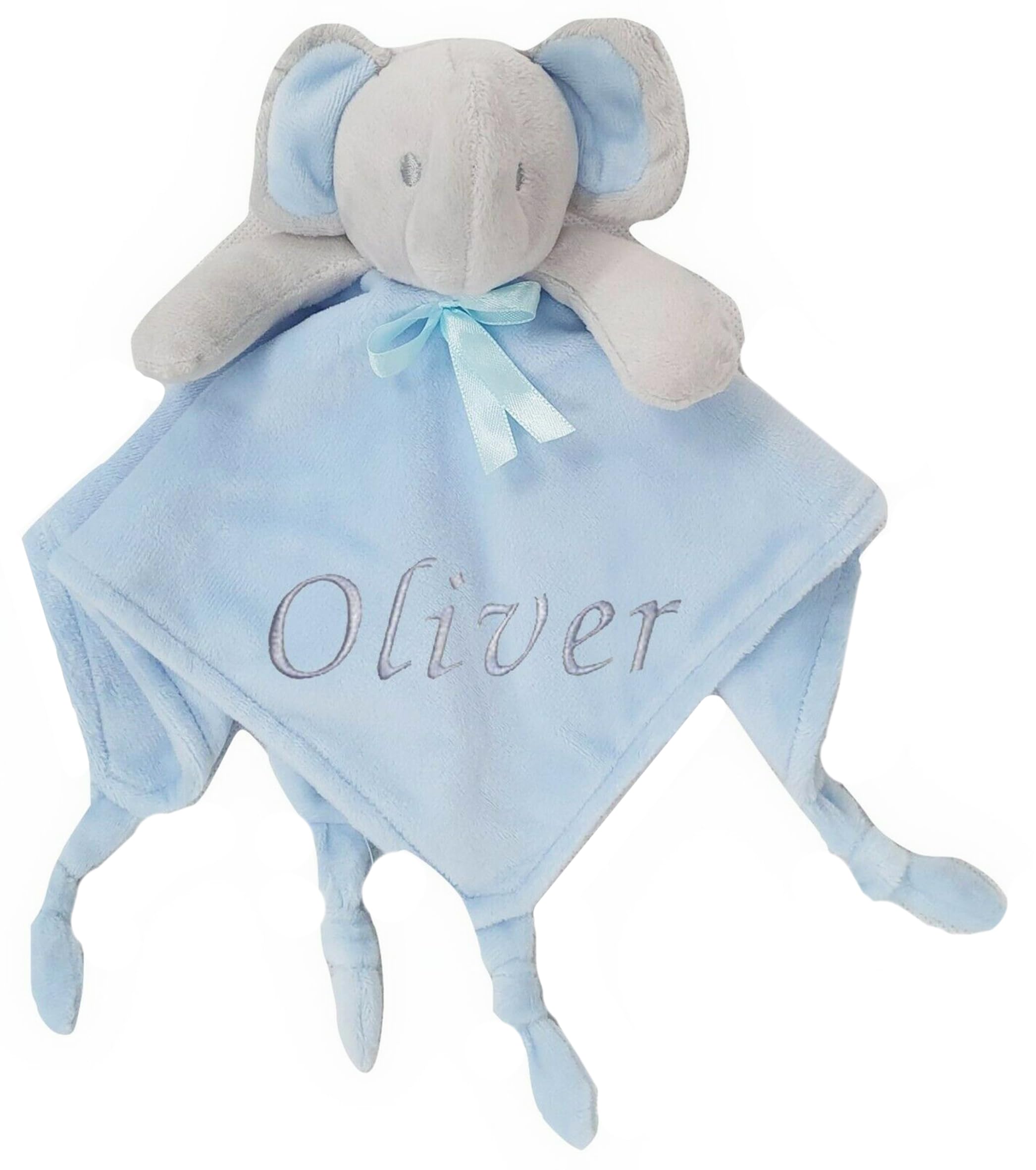Baby Personalised Sensory Elephant Comforter Blanket Soft Snuggly Animal Design (Blue Knotted Elephant)