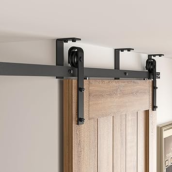CCJH 7FT Ceiling Mount Bracket Sliding Barn Door Hardware Kit Black,Strong Bearing, Low Ceiling L-Shape Bracket System, Fit 42" Wide Single Door Panel Basic Style