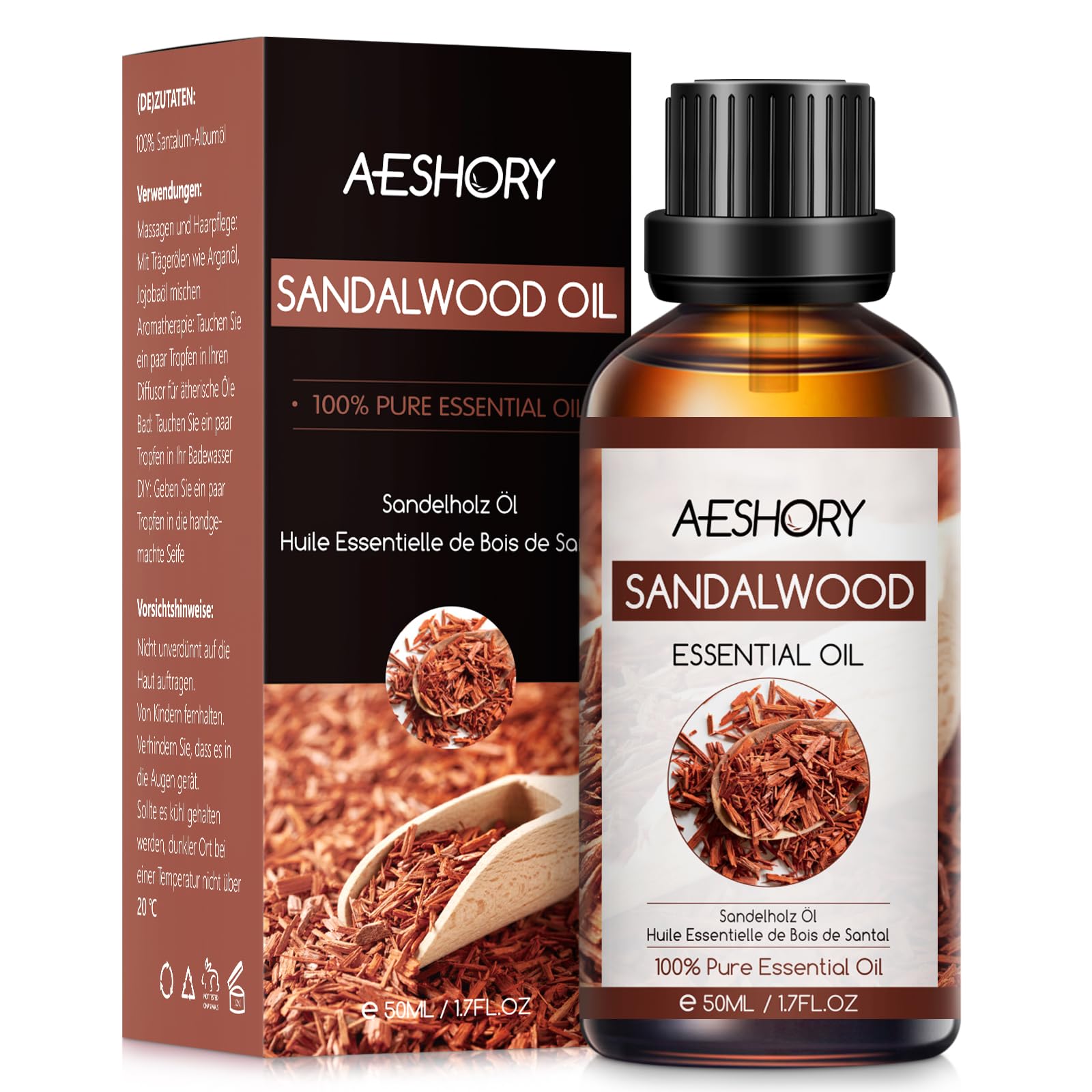 AESHORY Aceite Esencial de Sándalo 50ML, Natural Aceite de Aromaterapia de Sándalo, Aceites de Fragancia Premium para Humidificador Difusor, Masaje, Baño, Cuidado la Piel, Relajación y Calma