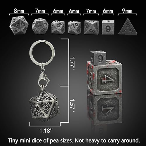 Miniatura 5 de PJOY Juego de dados pequeños DND con estuche de collar hueco D20 negro dorado D20, llavero portátil de 7 piezas, llavero de hierro antiguo, juego de