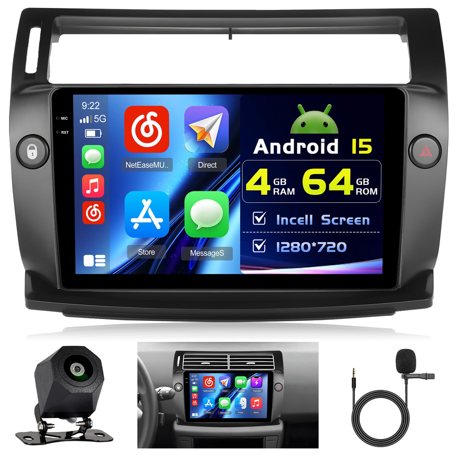 Hikity 4+64G Android Radio Coche para Citroen C4 2004-2009 Inalámbrico Carplay, Pantalla Táctil Incell 9 Pulgadas Android Auto/Bluetooth 5.0/GPS/FM/RDS/Cámara Trasera
