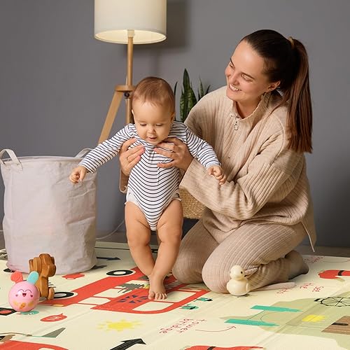 Miniatura 3 de Mergren Tapete de juego para bebé, grande (79 x 71 pulgadas), tapete plegable de espuma impermeable XPE para gatear con patrones reversibles de