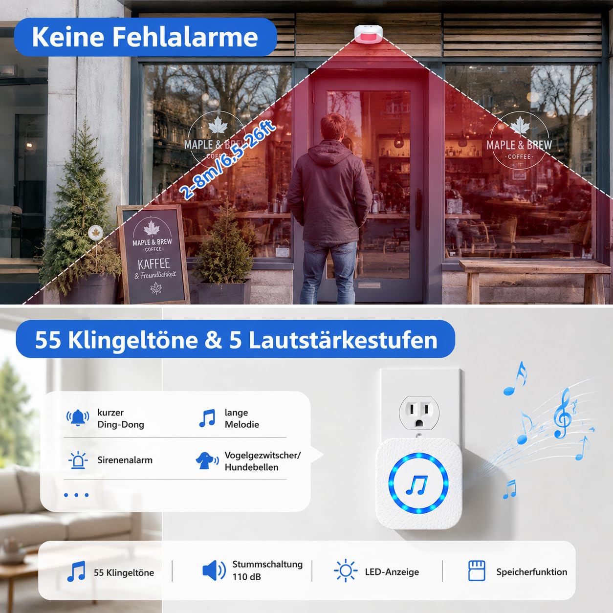 Sanjie Funk Durchgangsmelder mit PIR Bewegungsmelder Innen, Bewegungsmelder mit Klingel für Laden, Geschäft, Büro und Zuhause, 150 m Funkreichweite, 55 Klingeltöne, 5 Lautstärken 2-1