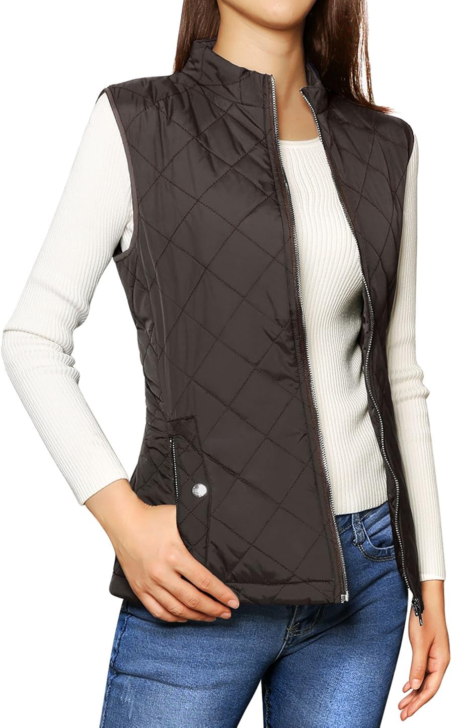 Allegra K Women's Stand Collar Lightweight Gilet Quilted Zip Vest at  Women's Coats Shop