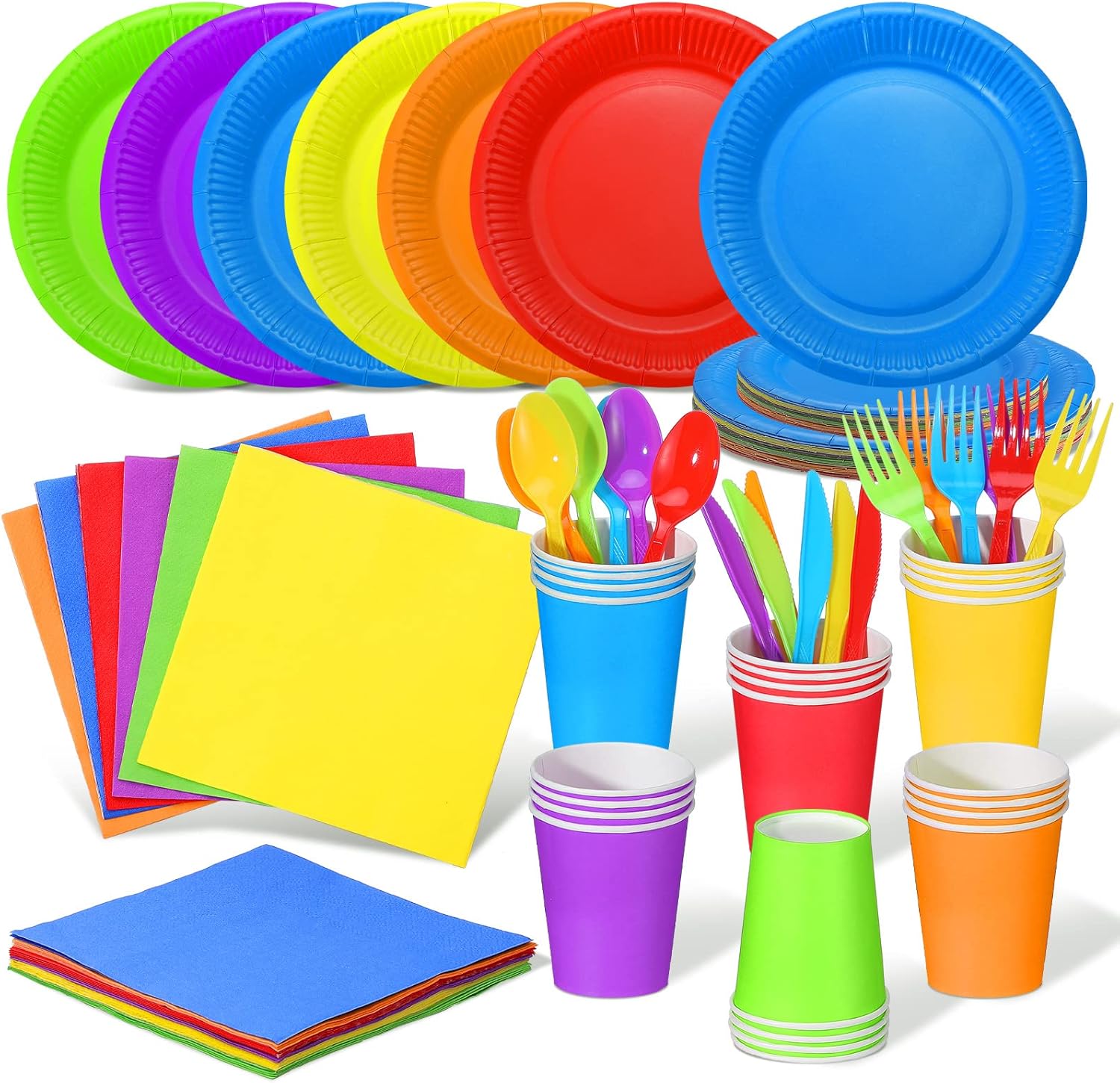 Jinei 168 Pcs Disposable Rainbow Party Supplies Set 7 Inch 9 Inch Colorful Paper Plates Napkins Cups Plastic Tableware Forks Spoons Knives for 24 Guests for Rainbow Theme Birthday Party Wedding Jinei 168 Pcs Disposable Rainbow Party Supplies Set 7 Inch 9 Inch Colorful Paper Plates Napkins Cups Plastic Tableware Forks Spoons Knives for 24 Guests for Rainbow Theme Birthday Party Wedding