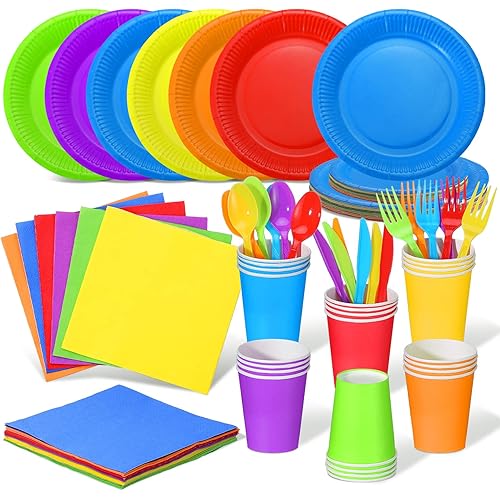 Jinei 168 Pcs Disposable Rainbow Party Supplies Set 7 Inch 9 Inch Colorful Paper Plates Napkins Cups Plastic Tableware Forks Spoons Knives for 24 Guests for Rainbow Theme Birthday Party Wedding