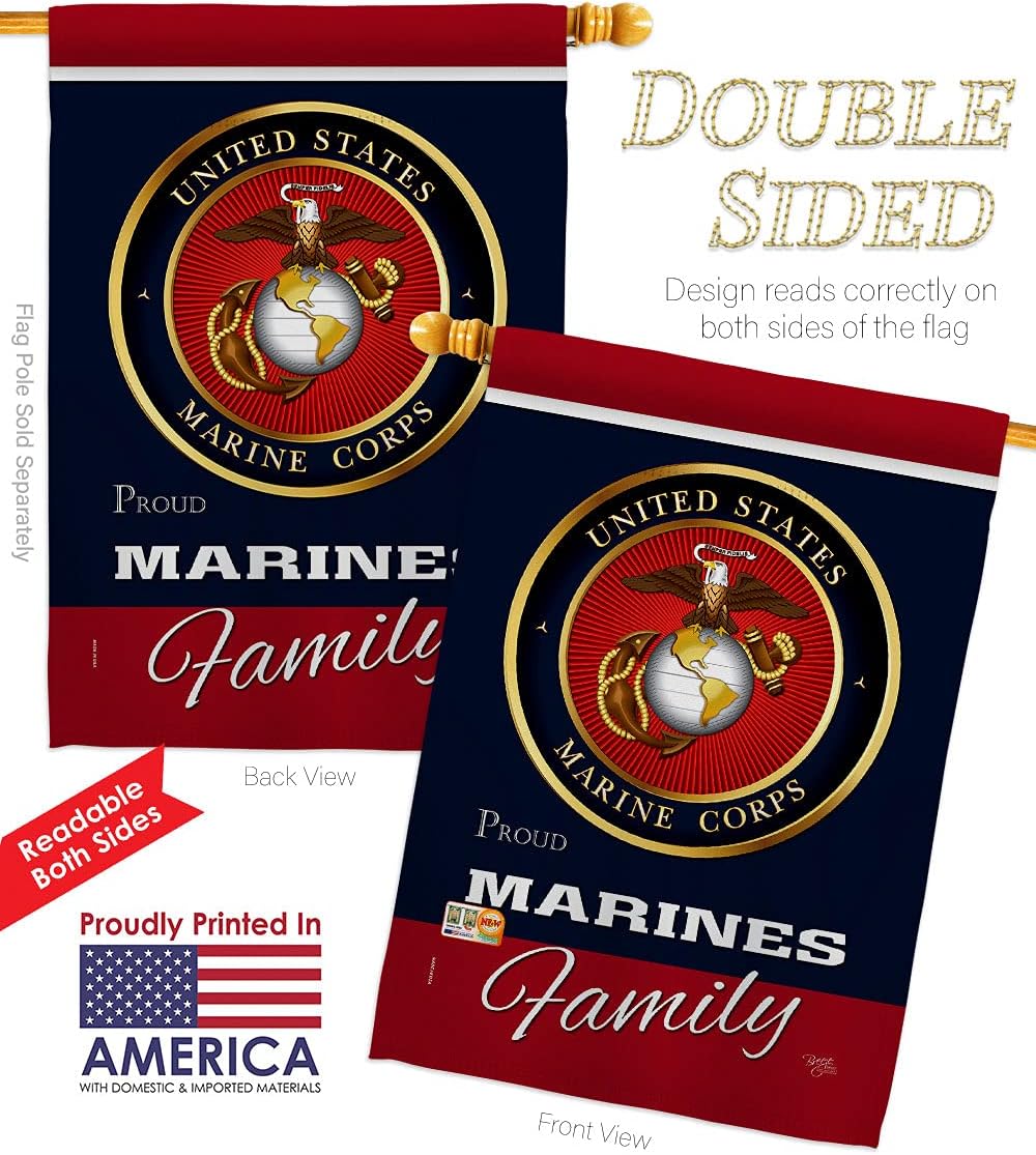 Marines Proudly Family House Flag Dowel Set Armed Forces Marine Corps USMC Semper Fi United State American Military Veteran Retire Official Small Gift Yard Banner Double-Sided Made In USA 28 X 40