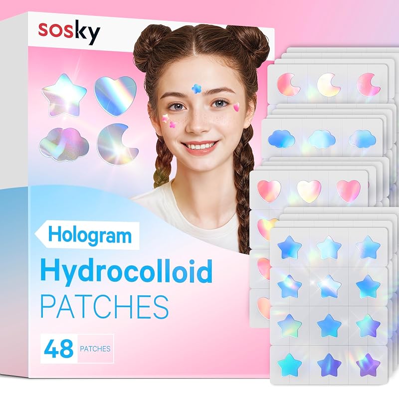 Adesivos hidrocoloides Sosky com salicílico, formatos de estrela, coração, lua e nuvem, 48 unidades