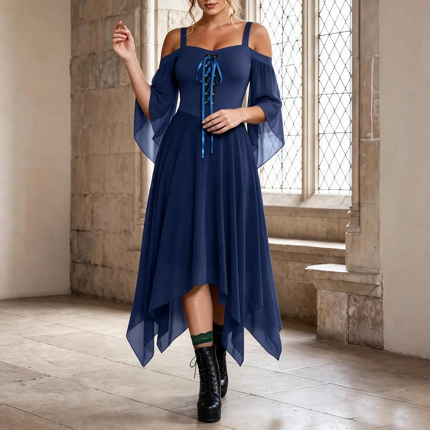Women Cold Shoulder Medieval Fairy Dress Lace Up Asymmetric Gown