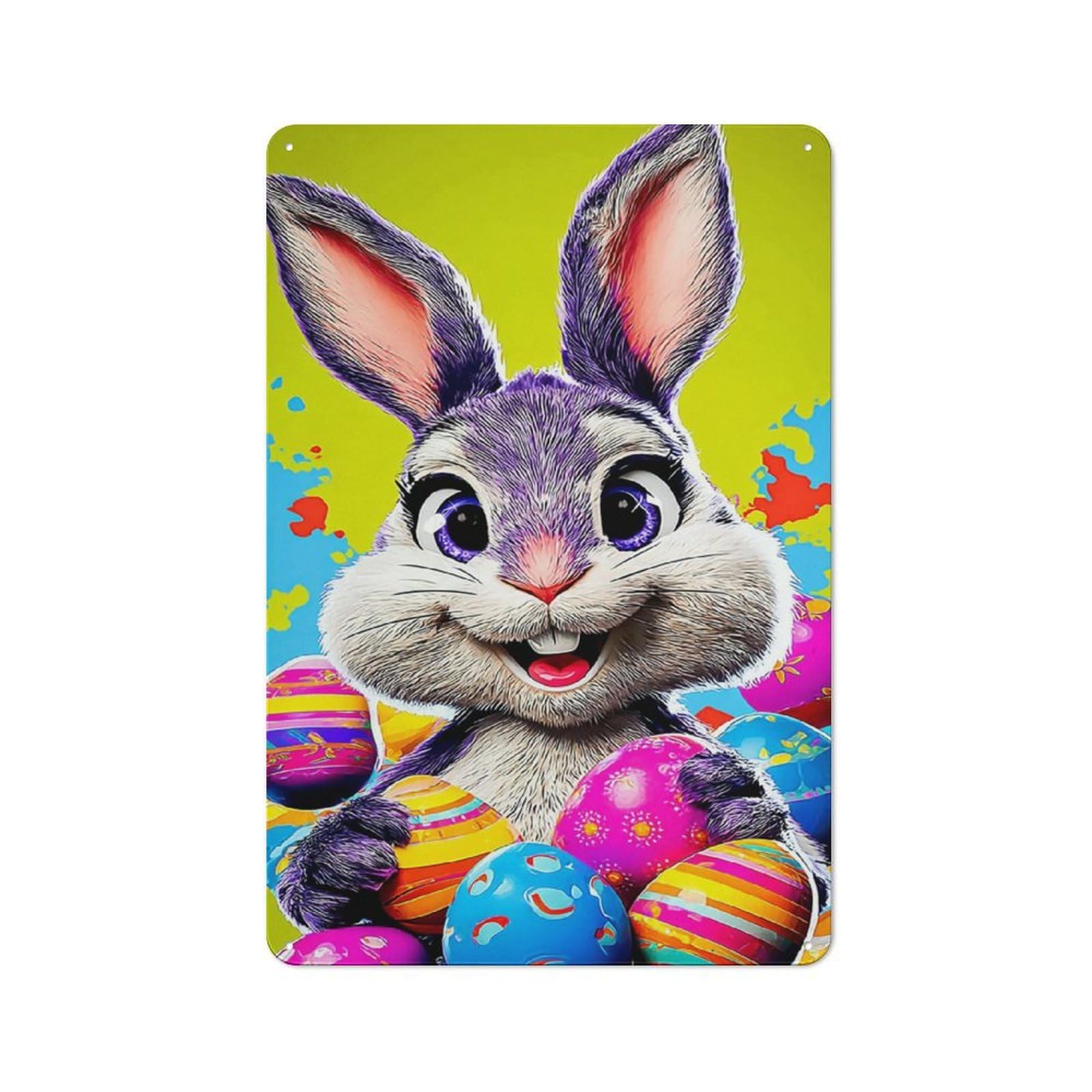 Junmoney Colorful Easter Bunny With Eggs -1 Tin Wall Plaque 30X20cm With For Workshop Wall, Suited To Makers And Diy Enthusiasts