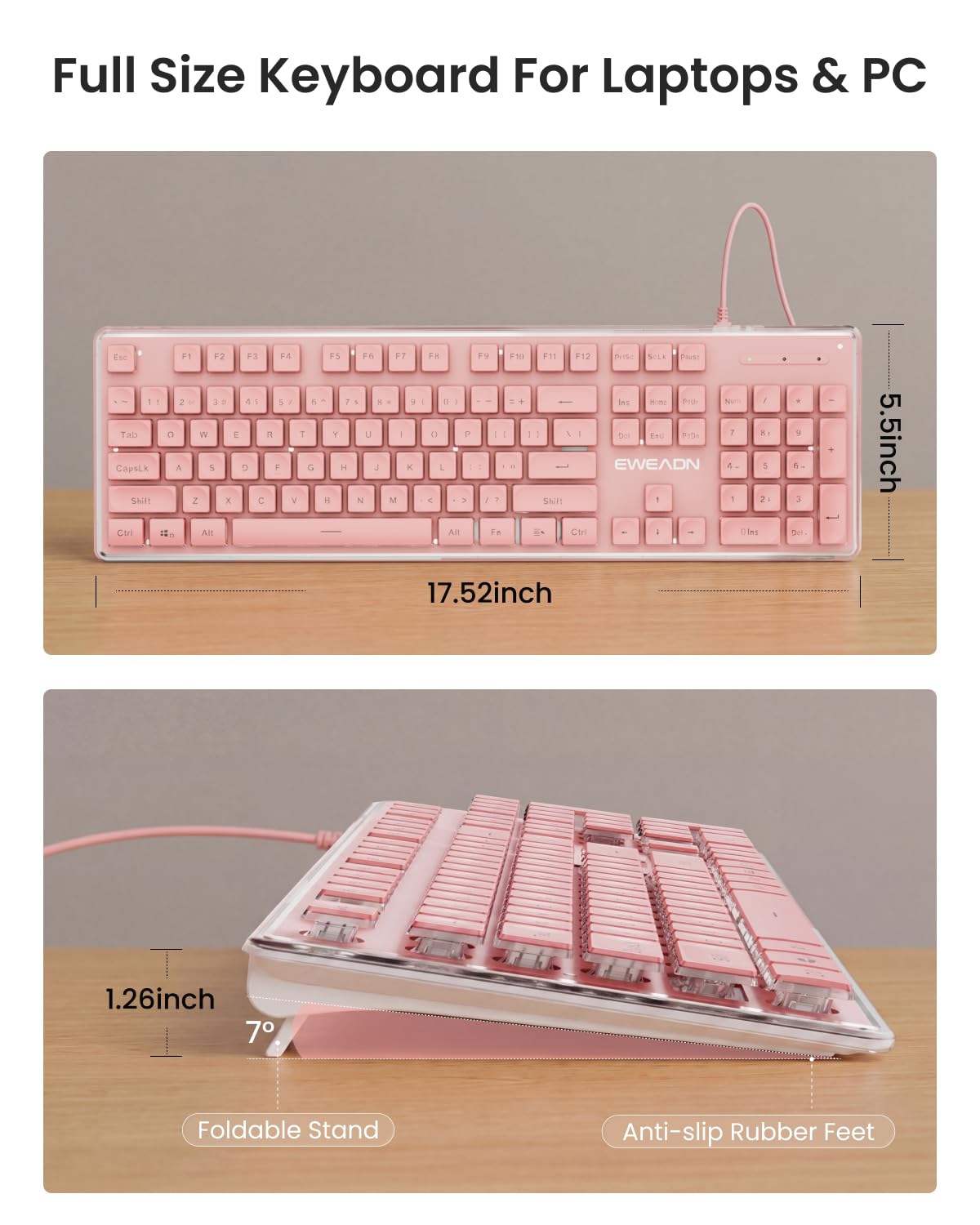 SEUNKWANG EWEADN GX710S podświetlane klawiatury komputerowe, przewodowa klawiatura USB z białym podświetleniem, metalowy panel, Plug and Play, pudding klawisze pełnowymiarowa klawiatura komputerowa do