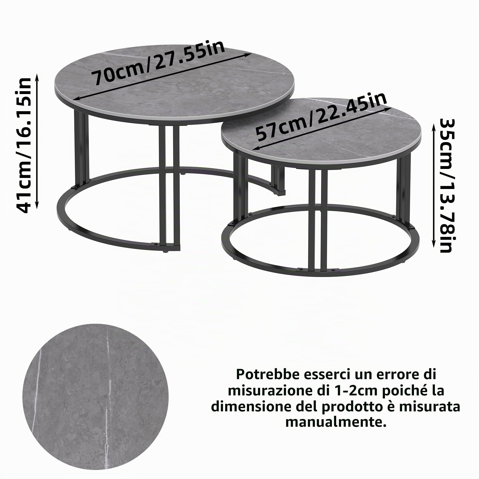 FATIVO Tavolino caffè soggiorno Rotondo: Tavolini da salotto in Marmo Set di 2 Tavolini Sovrapponibili per soggiorno - Tavolino Tondo Grigio, Grande 70cm Piccolo 57cm