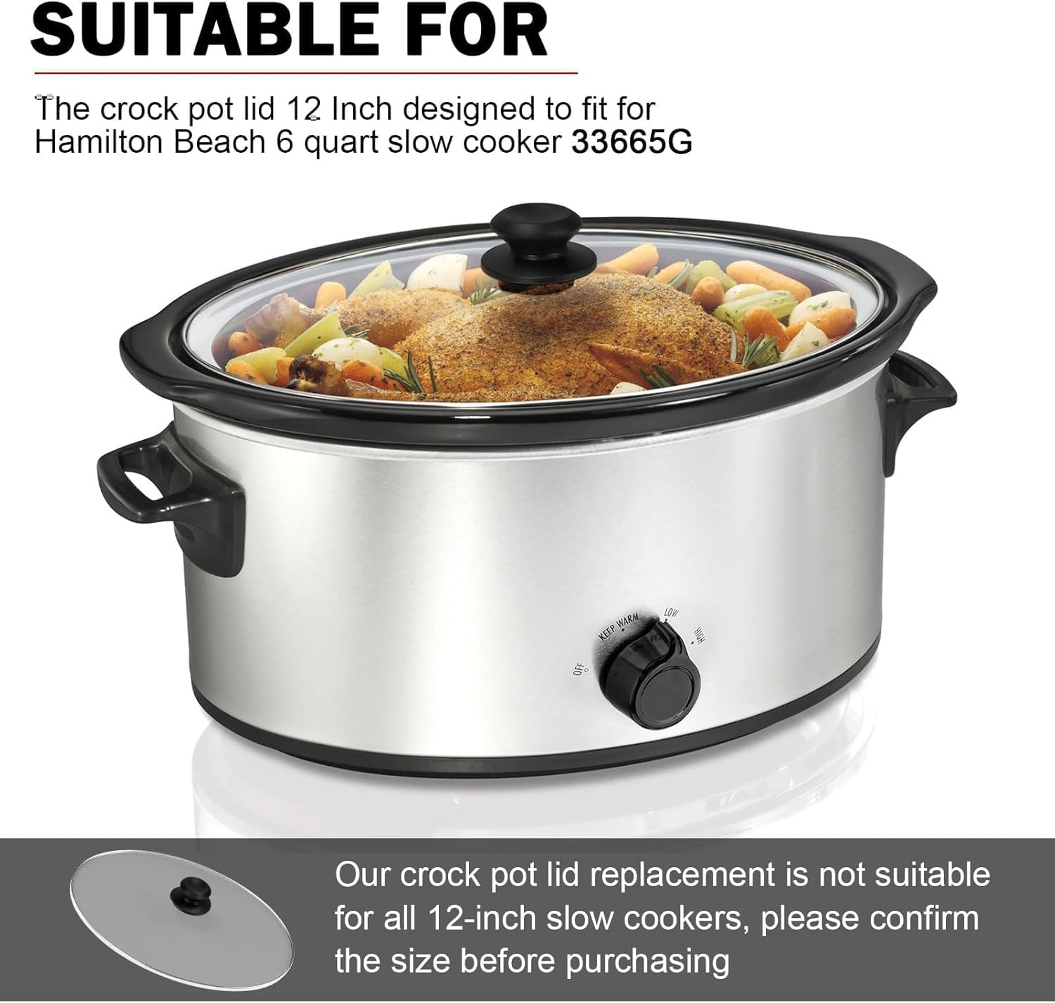 6 Quart Oval Glass Lid Compatible with Hamilton Beach Slow Cooker 33665G (Not universal), Crock Pot Replacement lid, Slow Cooker Crock Pot Lid Replacement Part, 1 Pack