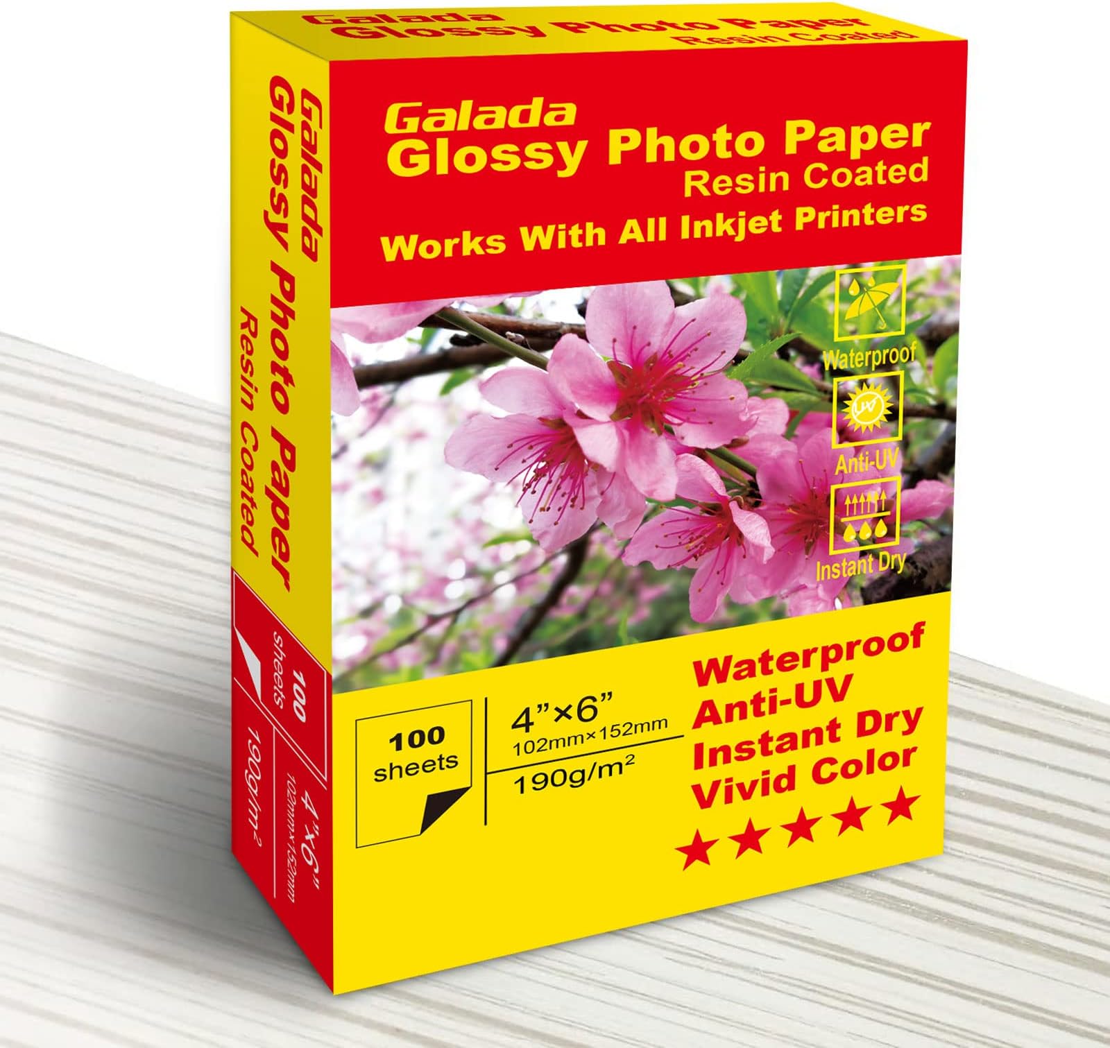 Galada 4x6 High Glossy Photo Paper Works with All Inkjet Printers Vivid Color Waterproof Instant Dry Anti-UV (190gsm 100 sheets)