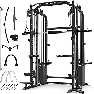 DONOW Smith Machine with 220Lbs Weight Stacks, Multi Function Home Gym System Power Rack Cable Crossover System LAT Pull Down Training Full Body Workouts