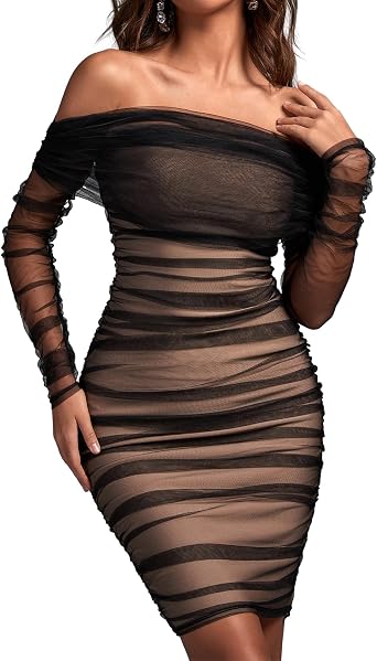 BELLA BARNETT Sexy Ruched Bodycon Dress Guest Long Sleeve Midi Dress Classy Dress for Wedding Fashion Off Shoulder Dress
