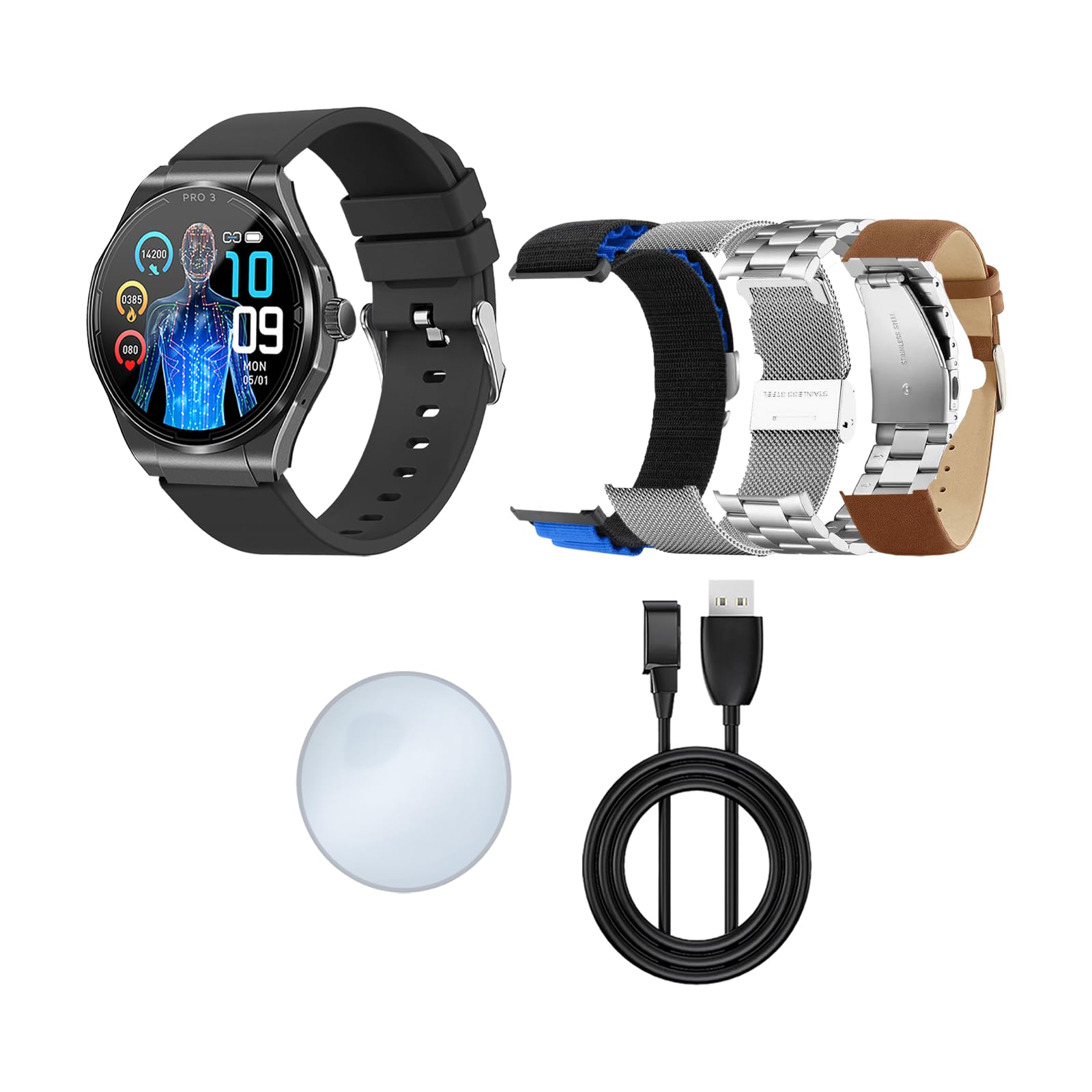 Knauermann PRO 3 (2024) srebrny – zegarek zdrowotny smartwatch z funkcją telefonii – EKG + funkcja HRV i SOS, wyświetlacz AMOLED, Bluetooth, bezdech senny, edycja 1, 14-24, okrągły