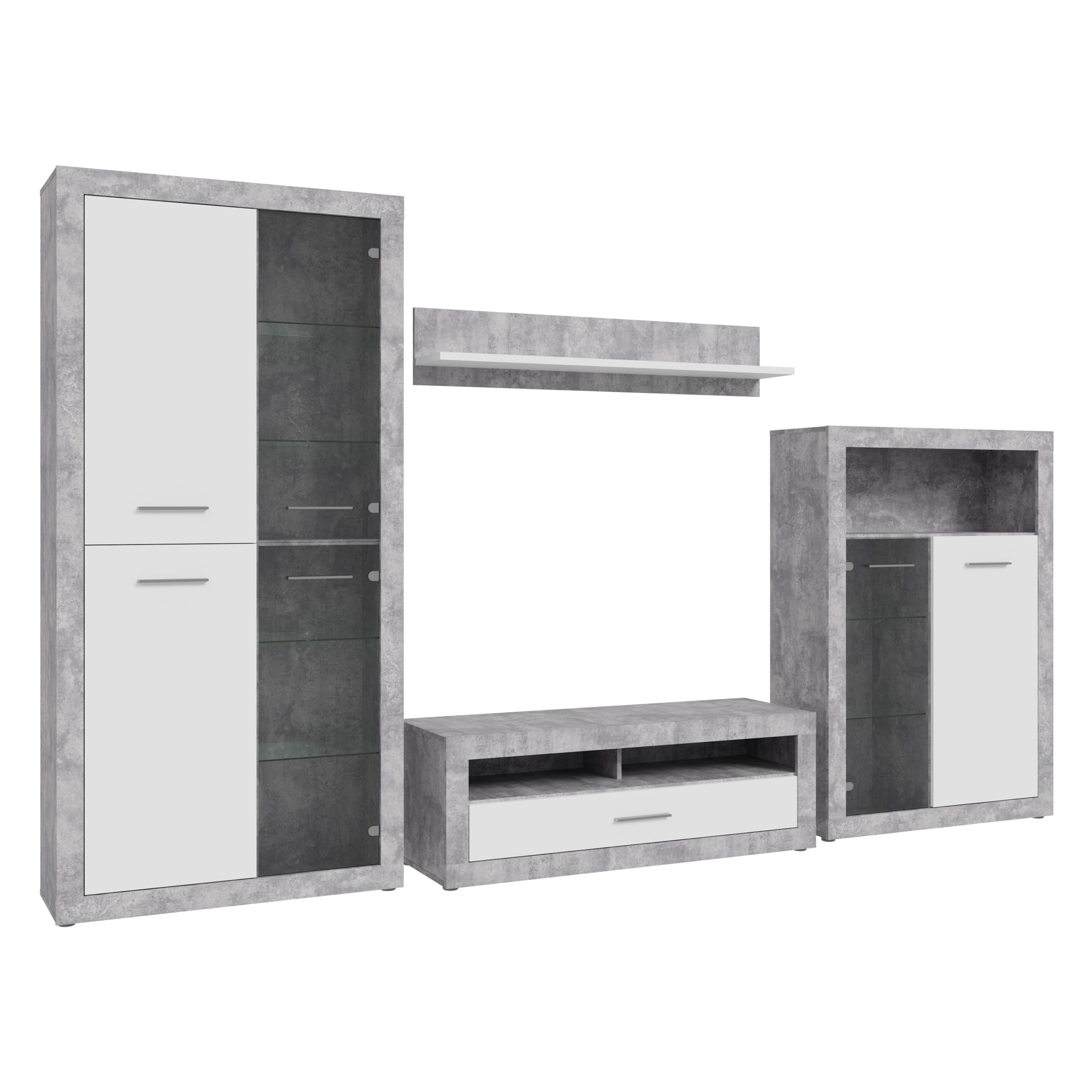 Forte Finley Wohnwand 330, Moderne Wohnwand mit TV Schrank, Vitrine, Wandpaneel und Kommode, Holzwerkstoff, Weiß mit Betonoptik Akzenten, 328,4 cm breit x 193,7 cm hoch x 41 cm tief