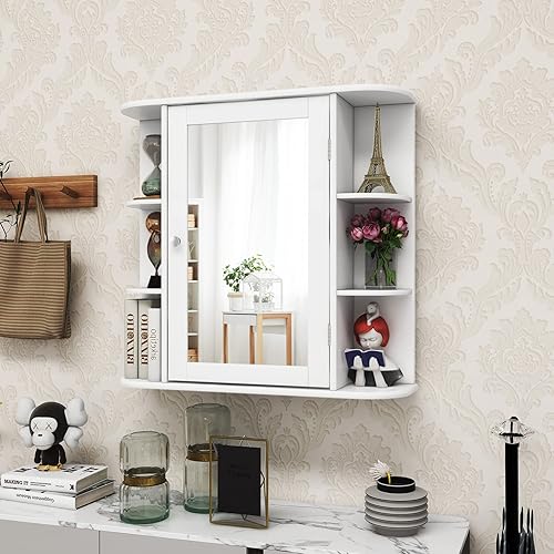 Miniatura 6 de ARLIME Armario con espejo de baño, botiquín montado en la pared, organizador de almacenamiento de una sola puerta con 4 estantes internos y 6