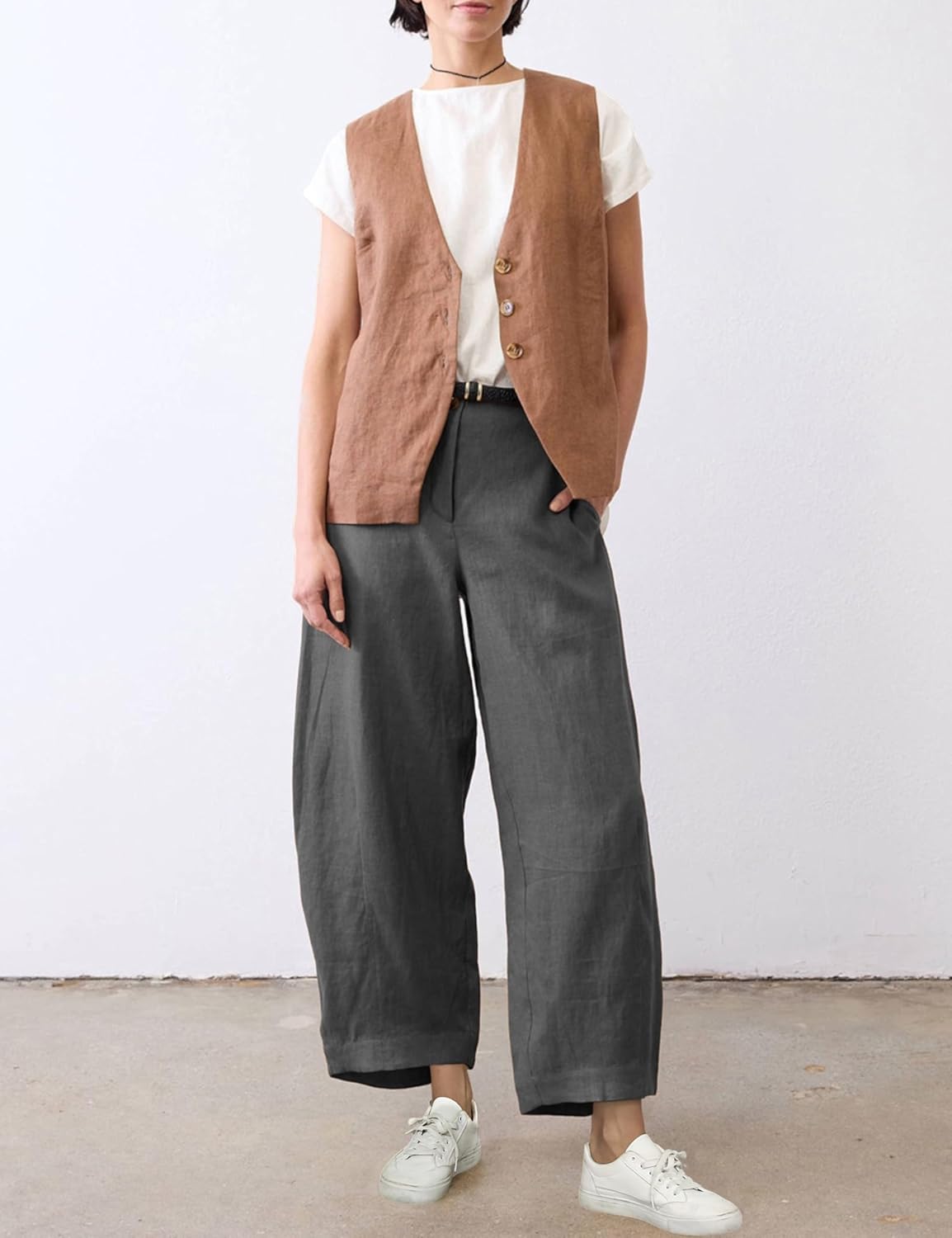 Xiaoxuemeng Linen Pants Women Wide Leg Capri Beach Pants Elastic Waisted Baggy Linen Trousers - Image 4