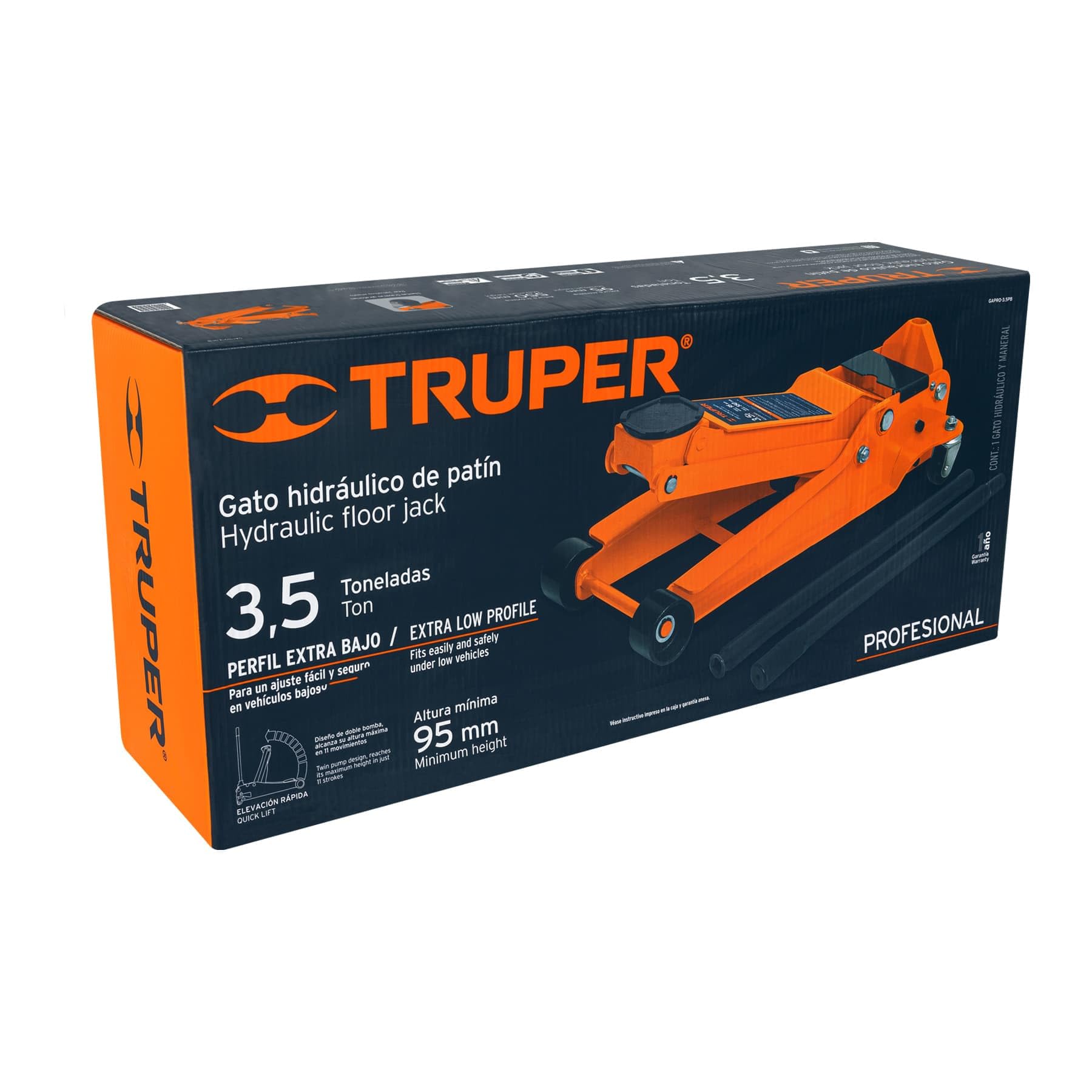 Truper GAPRO-3.5PB, Gato de patín profesional, 3.5 tons, elevación rápida