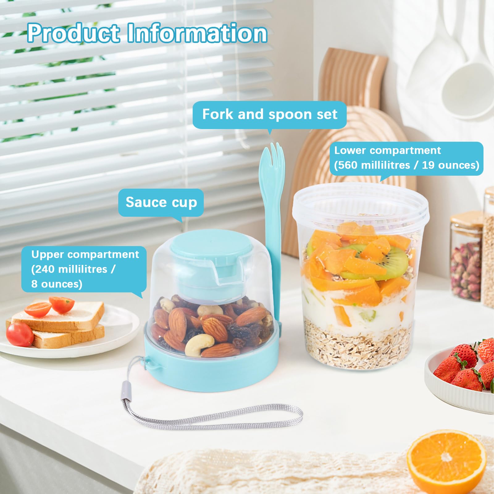 4 tazze per muesli, yogurt, insalata, con coperchio e cucchiaini, tazze per muesli da portare al lavoro o a scuola