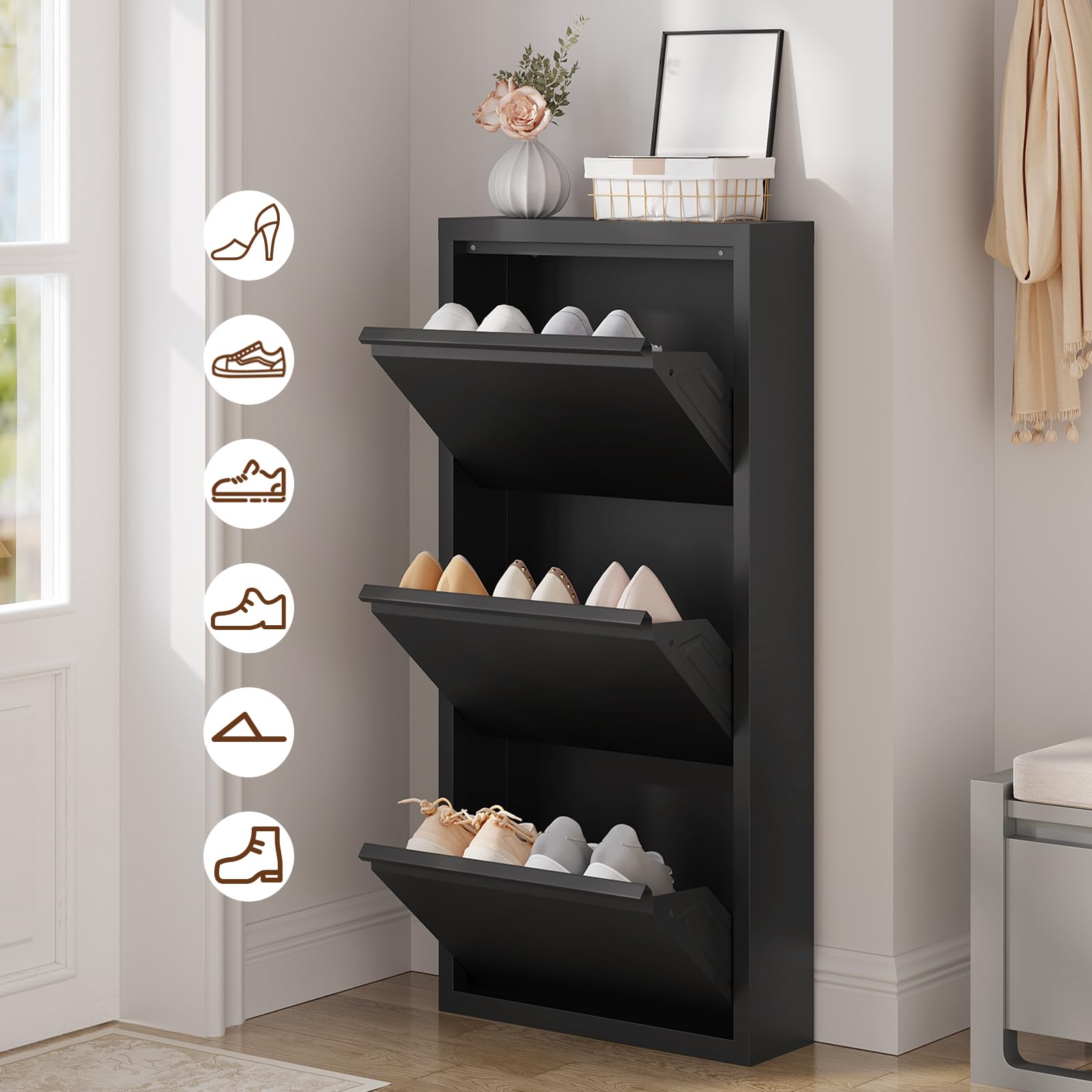 WOLTU Schuhschrank, mit 3 Klappen, Schuhregal, Schuhkipper, für 6-9 Paar Schuhe, aus Metall, für Flur Wohnzimmer, 50x106x15 cm, Schwarz