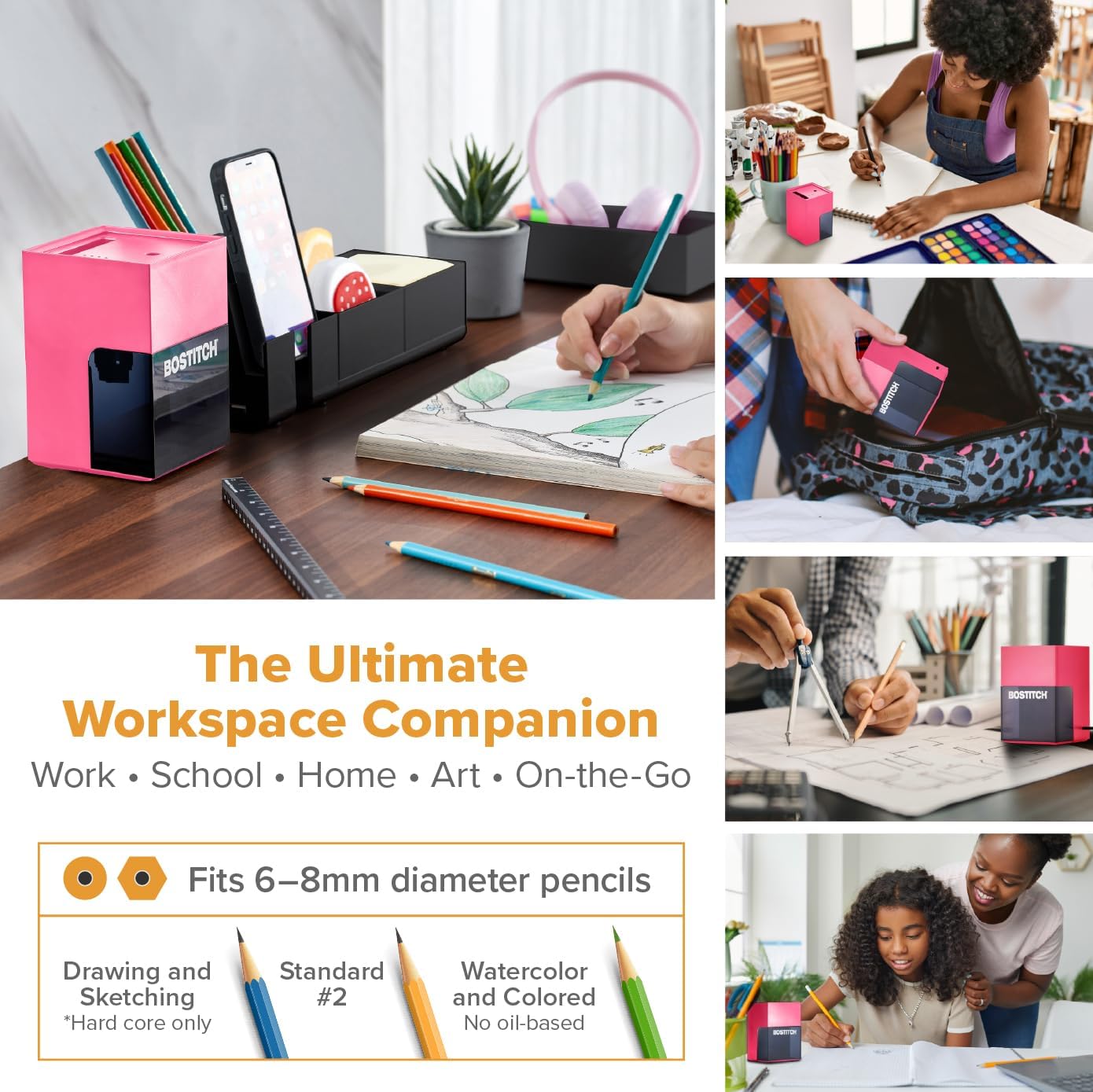 Bostitch Konnect Rechargeable Pencil Sharpener (USB-C), Auto-Stop Helical Cutter, Portable Electric Sharpener for No.2/Colored Pencils, Home, Office, Classroom, Pink