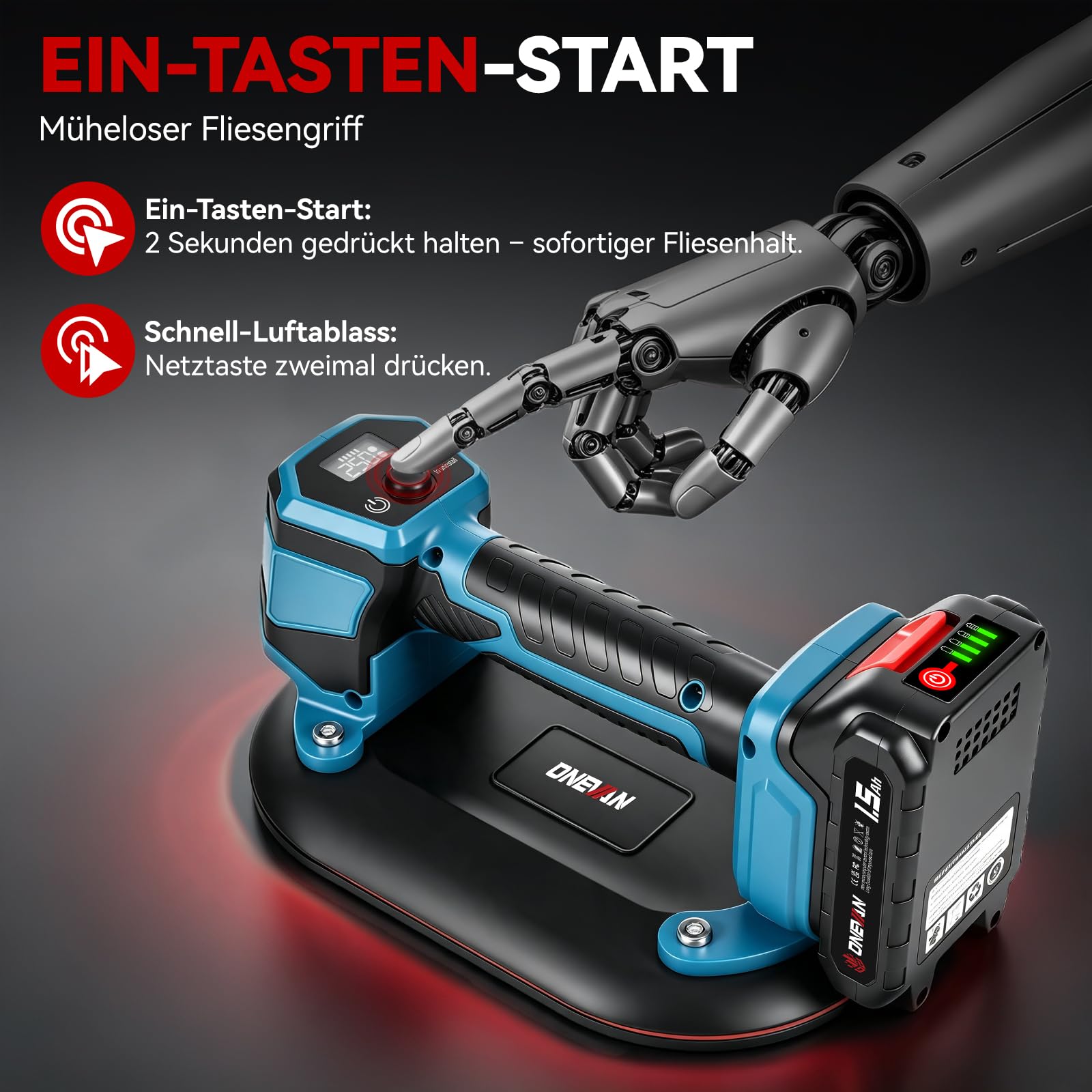 ONEVAN 2x ventosas eléctricas 21V, elevación de 250kg para azulejos, vidrio | Ventosa grande 16 x 24cm, reposición automática de presión, 2 baterías 21V 1500mAh, pantalla digital, compatible con Makita