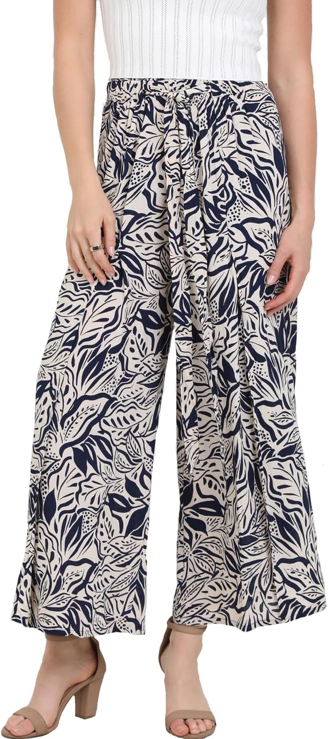 Angie Women's Tie Waistband Printed Pant with Front Slits