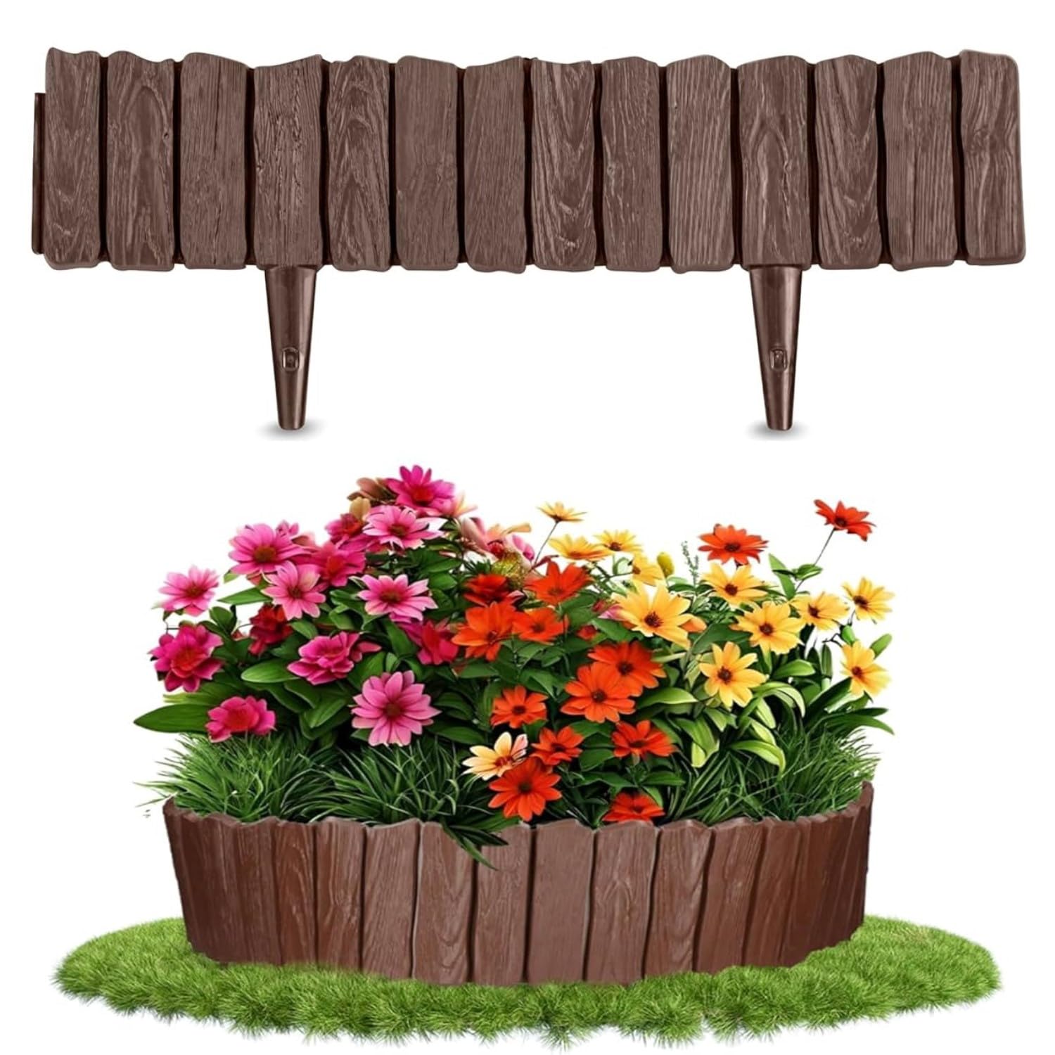 KAHEIGN Garden Edging Border, 22CM x 230CM Wood Effect Lawn Edging Flexible Landscape Fence for Garden Border, Flower Bed, Yard Pathway and DIY Landscaping (Brown)