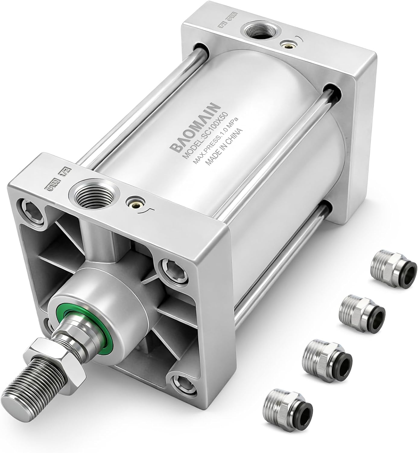 Baomain Pneumatic Air Cylinder SC 100 x 50, PT 1/2 Port, 3.94" Bore, 1.96" Stroke, Single Rod Double Acting, M20X1.5 Threaded Rod, with 4X Push-in Fittings