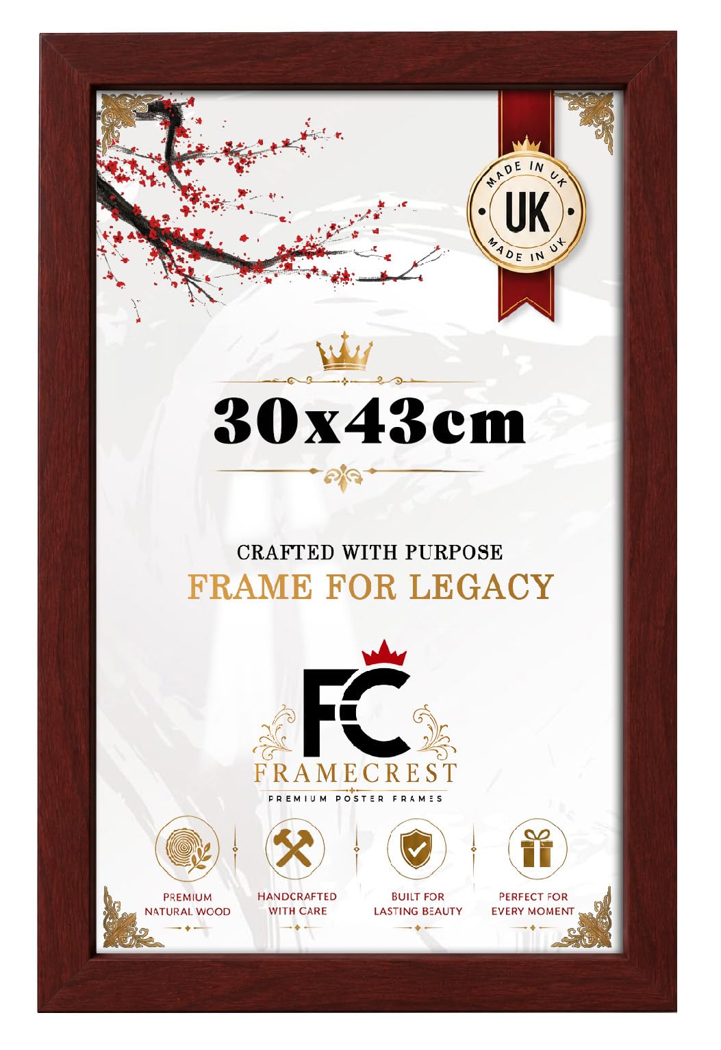 FRAMECREST Minimalist 30x43cm Poster/Photo Frame | Solid Engineered Wood with Metal Clips | Crystal Clear HD Styrene Home & Office Wall Gallery Décor-[Mahogany]