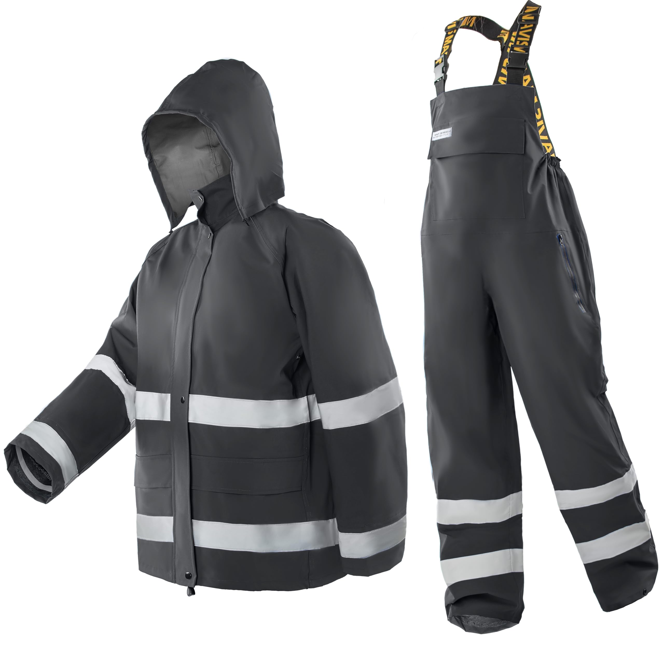 Profi Hi Vis Regenanzug Herren Arbeitskleidung - Wasserdichte Regenjacke & Latzhose mit Kapuze, Nylon Oxford Shell, Sicher, Funktionell(Light Gray,L)