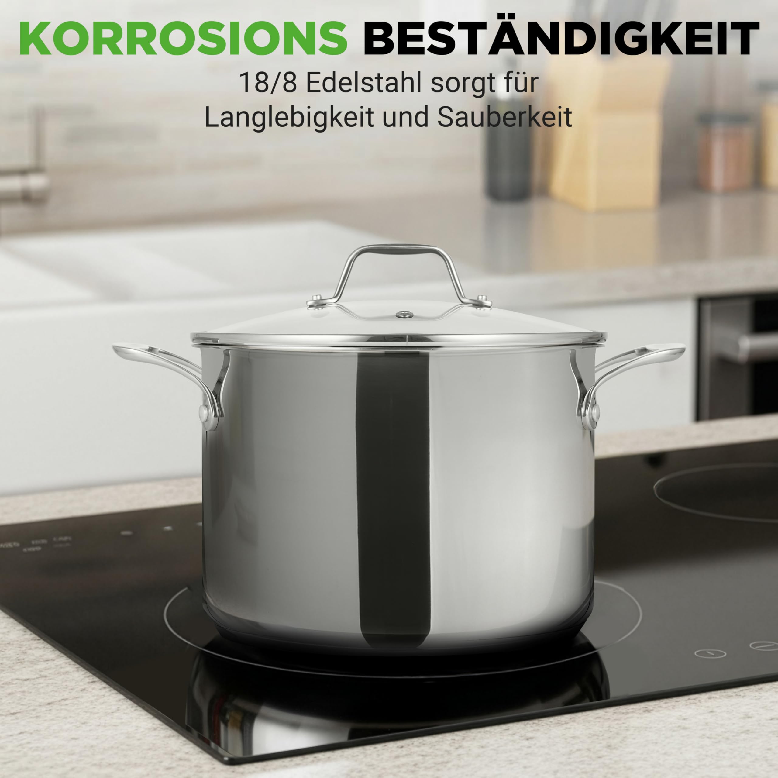 NutriChef Kochtopf groß, 8L Suppentopf Induktion aus Edelstahl mit Glasdeckel, 18/8 Großraumtopf Hitzebeständig bis 260 °C, Für alle Herdarten, Spülmaschinengeeignet, Silver